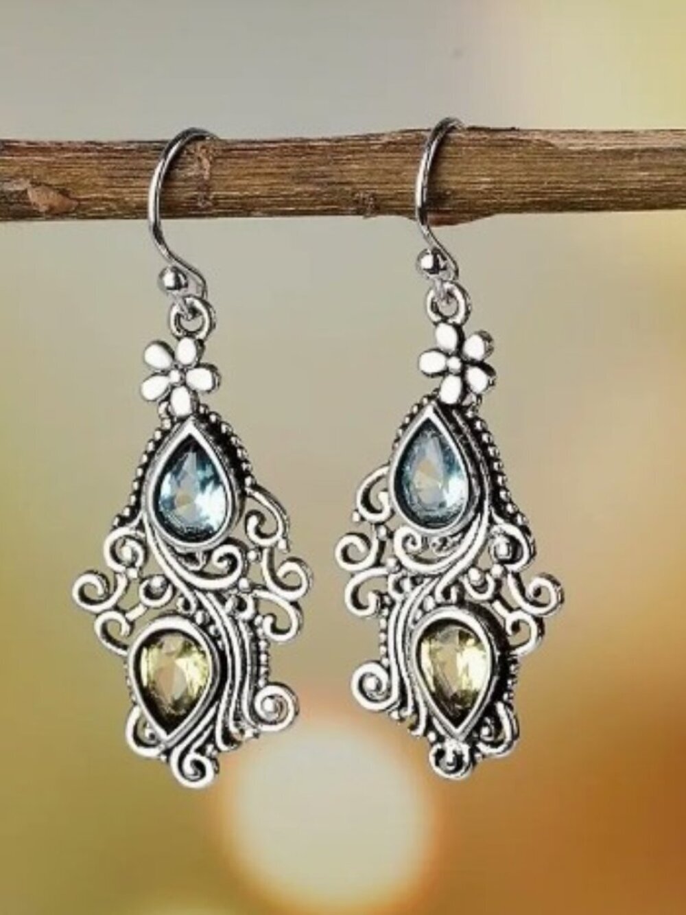 Retro Crystal Stone Pear Shaped Earrings Creative Flower Water Drop